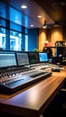 Professional audio mixing console and computer monitors in a recording studio Royalty Free Stock Photo