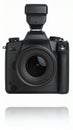 Professional digital camera with flash attachment isolated on white background Royalty Free Stock Photo