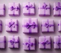 Purple gift boxes ribbon light color pastel violet background, 3D rendering, copy space, advertisement, Top view, flat lay Royalty Free Stock Photo
