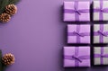Purple gift boxes ribbon light color pastel violet background, 3D rendering, copy space, advertisement, Top view, flat lay. Royalty Free Stock Photo