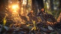 Quoll family in the forest with setting sun.