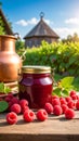 Raspberry jam in jar with fresh berries and copper jug on a wooden table outdoors Royalty Free Stock Photo