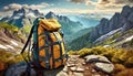 Realistic hiking backpack set up at a campsite with mountain and forest view. Camping scene. AI Generated. AI Generative Royalty Free Stock Photo