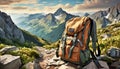 Realistic hiking backpack set up at a campsite with mountain and forest view. Camping scene. AI Generated. AI Generative Royalty Free Stock Photo