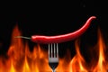 red chili pepper, pricked on a fork, on a background of burning fire, flames on a black background