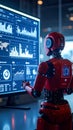 Red Robot Analyzing Data on Computer Screen in Modern Office Environment Royalty Free Stock Photo