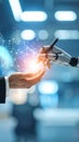 Robot hand offering technology to human entrepreneur in modern office with glowing network Royalty Free Stock Photo