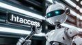Robot holding a wrench next to htaccess file sign. Concept of web development, server configuration, and Technical SEO Royalty Free Stock Photo