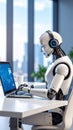 Robot Working on Laptop in Modern Office Environment Artificial Intelligence Concept Royalty Free Stock Photo