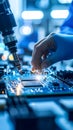 Robotic arm and gloved hand assemble microchip on circuit board in advanced electronics manufacturing Royalty Free Stock Photo