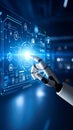 Robotic hand interacting with digital interface showing data and technology Royalty Free Stock Photo