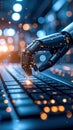 Robotic hand typing on a keyboard with digital data and glowing bokeh. Royalty Free Stock Photo