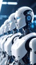 Row of futuristic humanoid robots with glowing blue eyes in a modern setting. Royalty Free Stock Photo