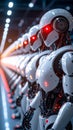 Row of futuristic robots with glowing red eyes in a high-tech facility Royalty Free Stock Photo