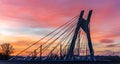 Scenic night aerial drone view of sunset sky with silhouette of bridge, Krakow, Poland Royalty Free Stock Photo