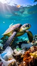 Sea turtle swimming through polluted ocean with plastic waste and debris Royalty Free Stock Photo