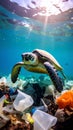 Sea turtle swimming through polluted ocean water with plastic waste Royalty Free Stock Photo