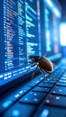 Shiny beetle on modern laptop keyboard with glowing blue code illustrating a conceptual software bug Royalty Free Stock Photo