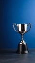 Silver trophy cup on a dark surface with a blue background, award concept Royalty Free Stock Photo