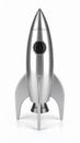 Sleek metallic silver space rocket standing upright with a porthole on white background Royalty Free Stock Photo