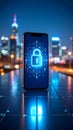 Smartphone with digital lock icon on screen against a blurred cityscape at night. Royalty Free Stock Photo