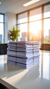 Stack of Documents on Table in Bright Office with Sunlight Royalty Free Stock Photo