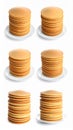 Stack of golden pancakes on white plates, isolated on a white background, studio shot. Royalty Free Stock Photo