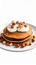 Stack of Pancakes with Cream and Hazelnuts on White Plate Royalty Free Stock Photo
