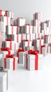 Stack of white gift boxes with red ribbons, presents for celebration Royalty Free Stock Photo