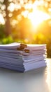 Stack of white paper documents with binder clips illuminated by sunlight Royalty Free Stock Photo