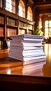 Stack of white paper documents on a polished wooden table in a classic library setting. Royalty Free Stock Photo