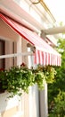 Striped Awning Decorating Window Box Flowers Summer Exterior Architecture Royalty Free Stock Photo