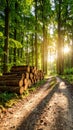 Sunlit forest path with stacked logs, trees, and golden sunlight. Royalty Free Stock Photo
