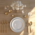 Generated image. Table setting with white empty plates, cutlery and glasses. View from above Royalty Free Stock Photo