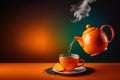 Generated image of a tea pot pouring tea into a cup in front of an orange background, complementary color scheme, peace Royalty Free Stock Photo