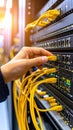 Technician connecting network cables to server rack in data center Royalty Free Stock Photo