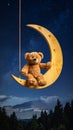 Teddy Bear on Moon Swing Under Starry Sky Forest Royalty Free Stock Photo