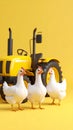Three white chickens stand in front of a bright yellow farm tractor on a yellow studio background. Royalty Free Stock Photo