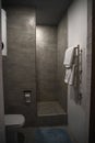 Tiny appartment. modern shower with gray tiles Royalty Free Stock Photo