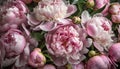 Top view peonies bushes background. Pink peony flowers in summer garden. Blooming florals. Royalty Free Stock Photo