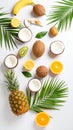 Tropical fruit arrangement with coconuts pineapple banana kiwi and orange on white surface Royalty Free Stock Photo
