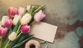 Tulips flowers bouquet with blank greeting card. Floral composition with beautiful fresh tulips. Hello spring