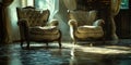 Two chairs sit in a room bathed in sunlight from a window, creating a serene and intimate setting
