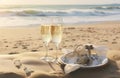 Two glasses of champagne and a bottle of wine on a beach Royalty Free Stock Photo