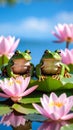 Two Green Frogs on Lily Pads with Pink Water Lilies Royalty Free Stock Photo