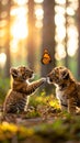 Two Tiger Cubs Playing with a Butterfly in Forest at Sunset Royalty Free Stock Photo