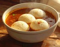 A South Indian dish of Idli Sambar, served in a clay bowl. Generated image Royalty Free Stock Photo