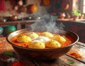 A South Indian dish of Idli Sambar, served in a clay bowl. Generated image Royalty Free Stock Photo