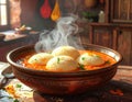 A South Indian dish of Idli Sambar, served in a clay bowl. Generated image Royalty Free Stock Photo