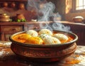 A South Indian dish of Idli Sambar, served in a clay bowl. Generated image Royalty Free Stock Photo